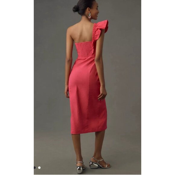 By Anthropologie One-Shoulder Ruffle Linen Column Midi Dress M Pink Preppy - Picture 11 of 11